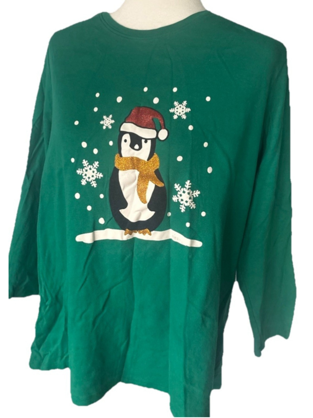 Kim Rogers Perfectly Soft Christmas Shirt XXL Green Penguin Snowflake Long Slvv